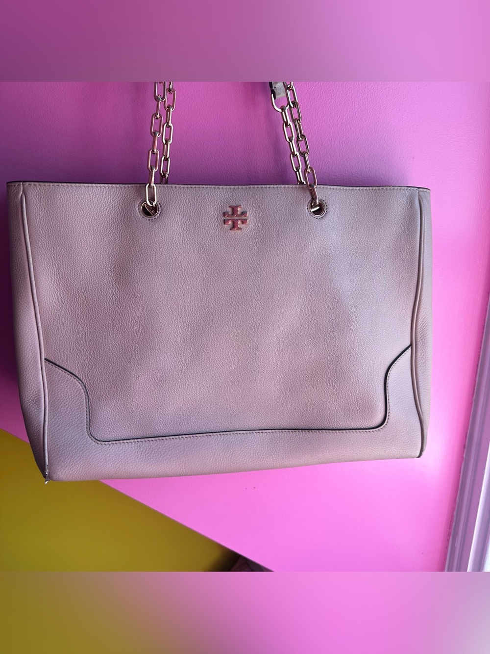 Tory Burch Light Pink Pebbled Leather Chain-Handle Tote